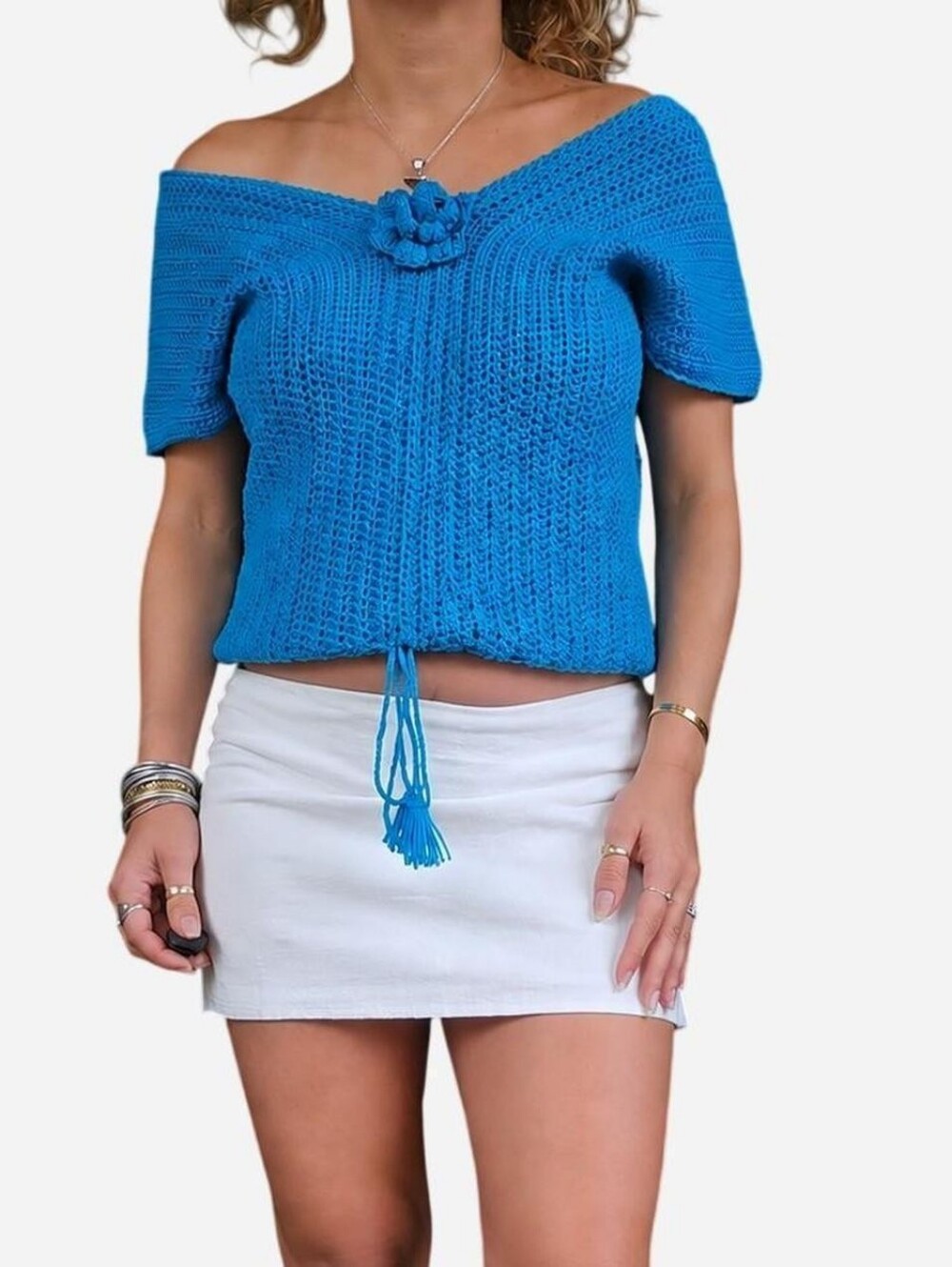 Aqua Teal Blue Crochet Knit Poncho Top Handmade XS/S